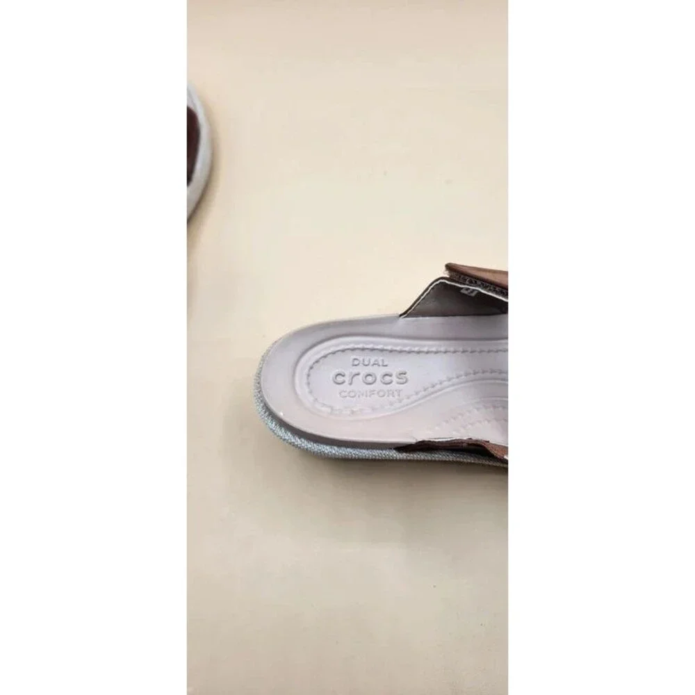 Crocs Womens 6M A-Leigh Brown Leather Tan Linen Wedge Heel Slide Sandals